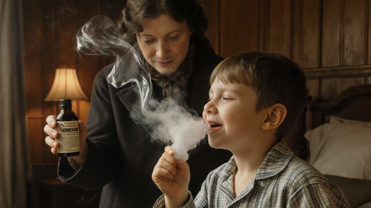 A boy coughs gently as thick mucus turns to clear streams, mother holding bromhexine syrup.