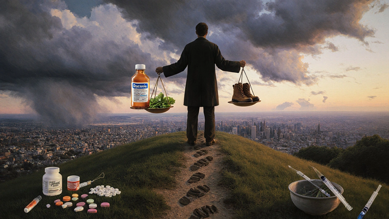 A figure weighing Diacerein against healthy lifestyle choices on a scale at sunset.