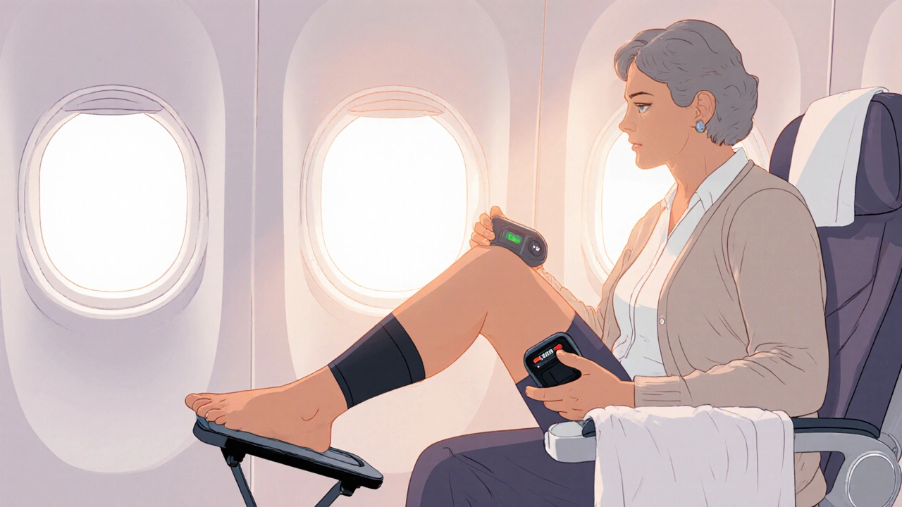 Airplane aisle seat passenger stretching, using TENS unit and compression sleeve for comfort.