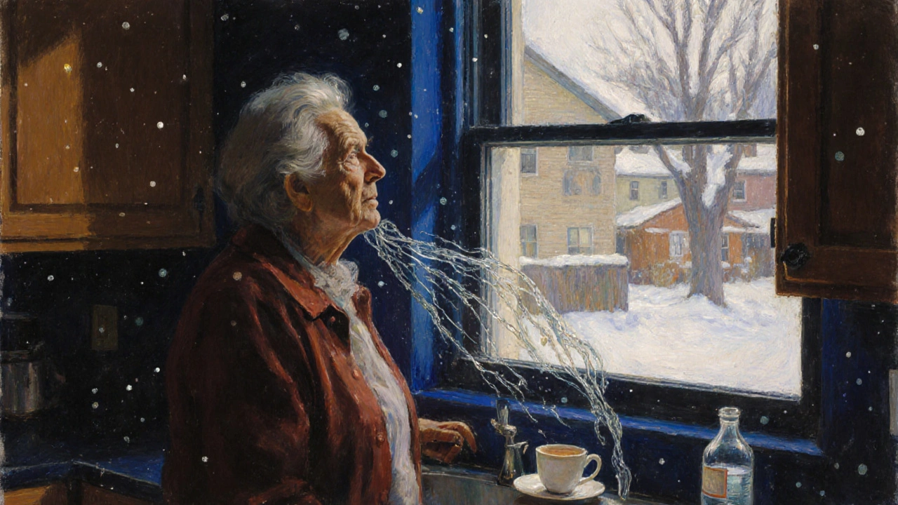 An elderly woman breathes deeply as clear mucus streams drift from her lungs out the window.