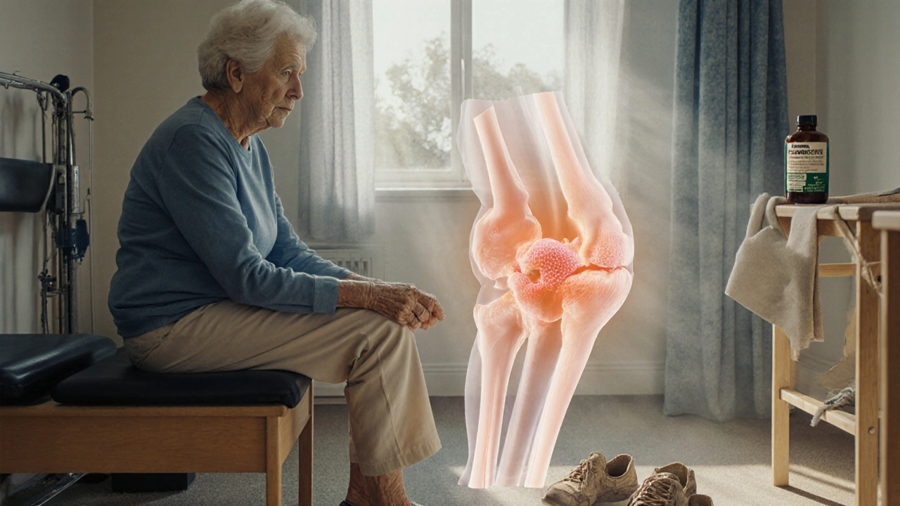 An elderly woman doing physical therapy as her knee heals visibly beneath her skin.