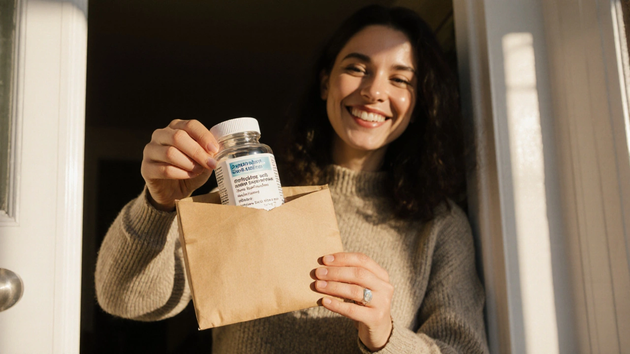 Box with discreet packaging being opened, revealing a bottle of generic sertraline.