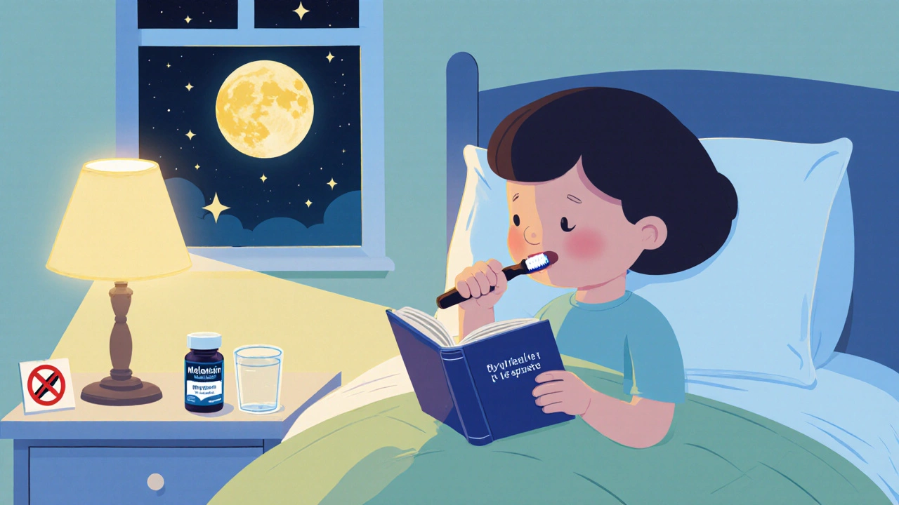 Calm bedtime routine with book, melatonin, crossed‑out aspirin, moonlight.