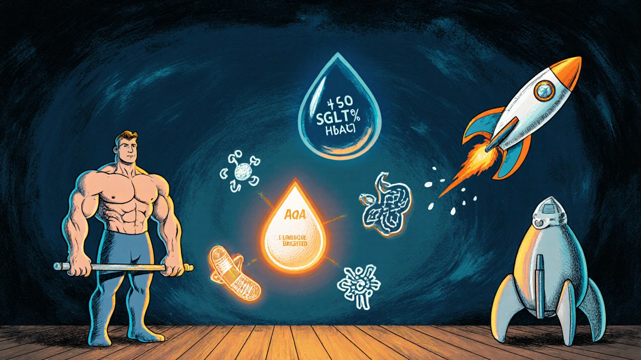 Cartoon comparison of diabetes drugs with visual symbols for efficacy and weight effects.