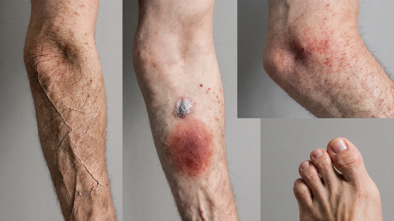 Close‑up of various skin conditions on a senior man&#039;s arms and feet.