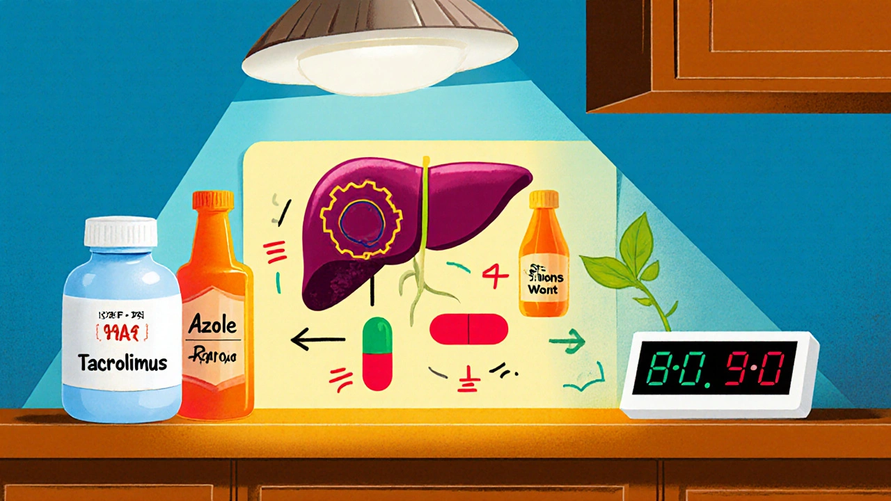 Counter display showing tacrolimus beside azole, rifampin, and St. John&#039;s Wort with enzyme arrows.