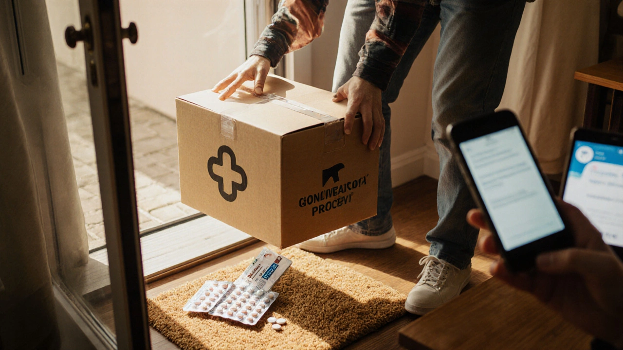Delivery box opened at a doorstep, revealing a blister pack of generic Bactrim tablets.