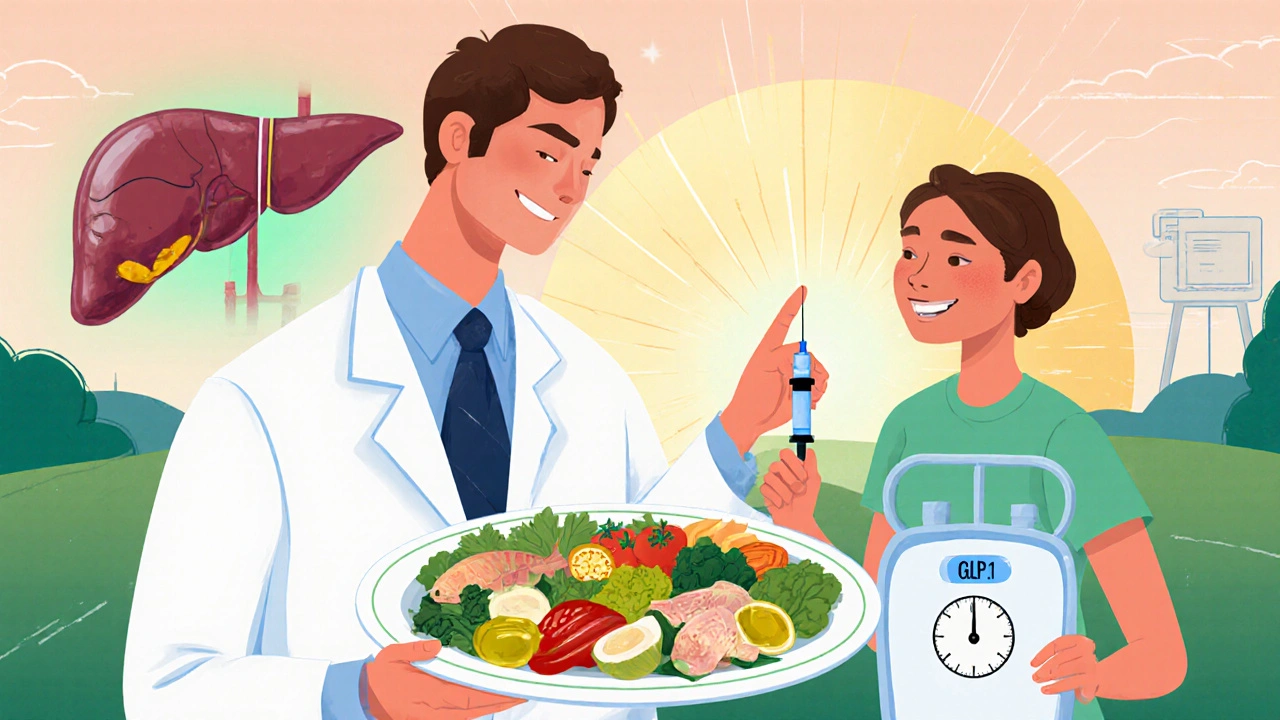 Doctor advising a patient on diet, GLP‑1 injection, and weight loss with healthy liver and pancreas shown.