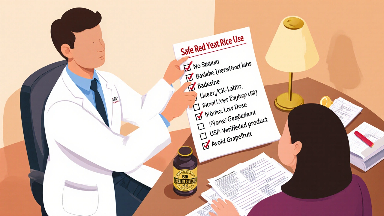 Doctor and patient reviewing a safe‑use checklist with lab reports and a certified supplement bottle.