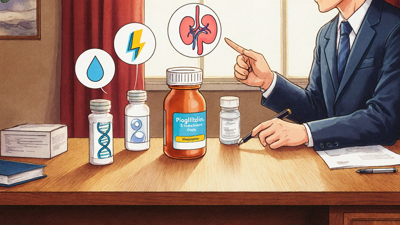 Doctor displaying six diabetes medication bottles with icons on a table.