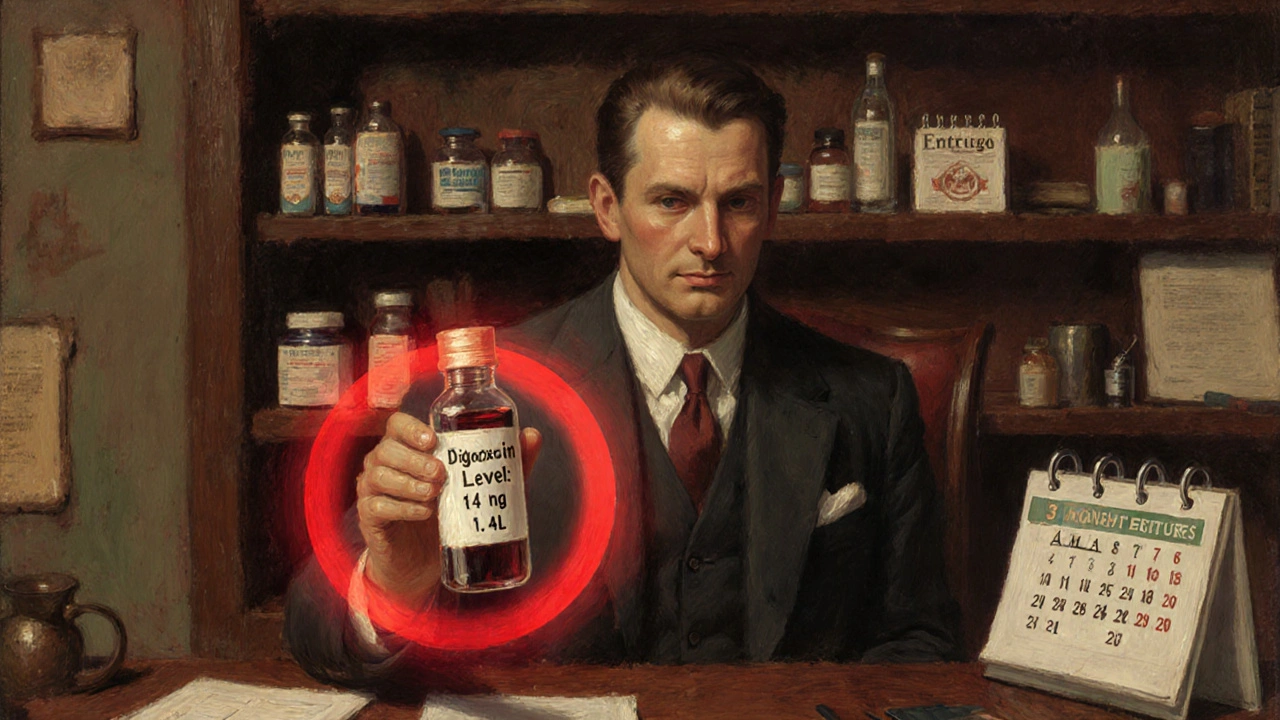 Doctor examining blood vial with high digoxin level, modern drugs visible in background, dramatic lighting.