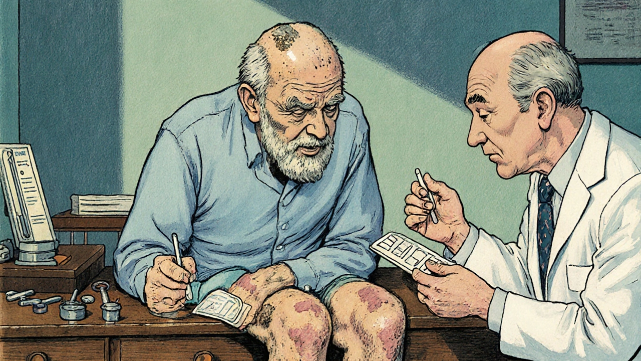 Doctor examining senior man&#039;s skin with swab and patch test tools.