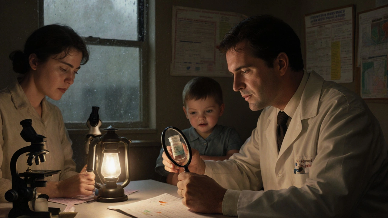 Doctor examining stool sample with worried mother and child in clinic.