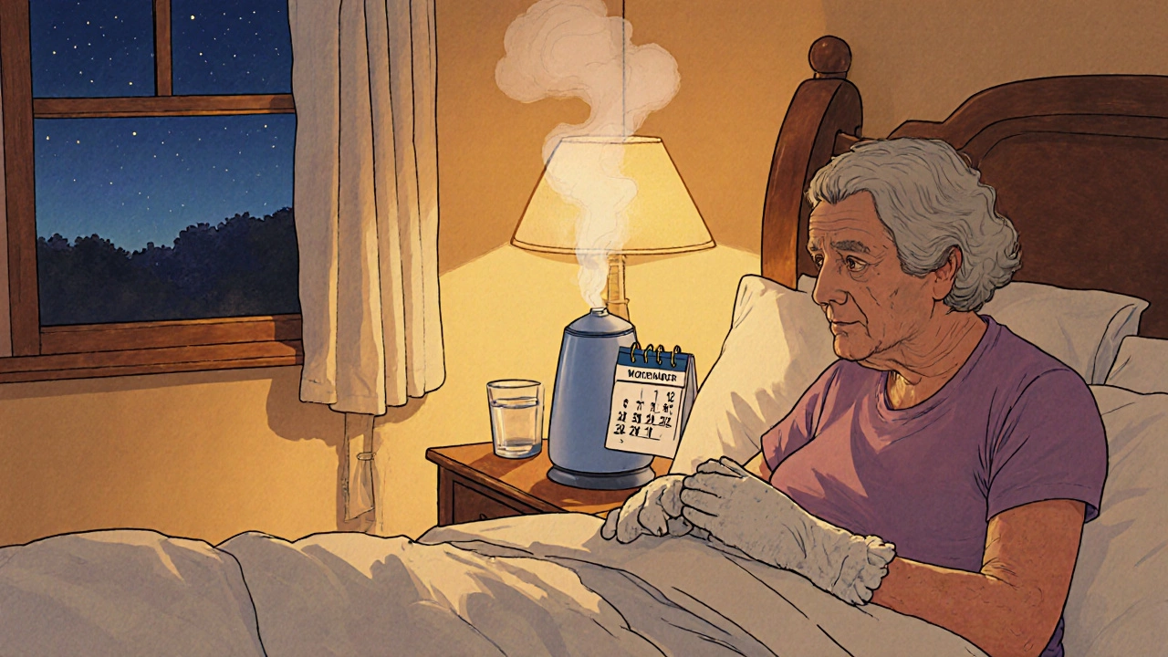 Elderly couple&#039;s bedroom scene with humidifier, cotton gloves, and moisturizer reminder.