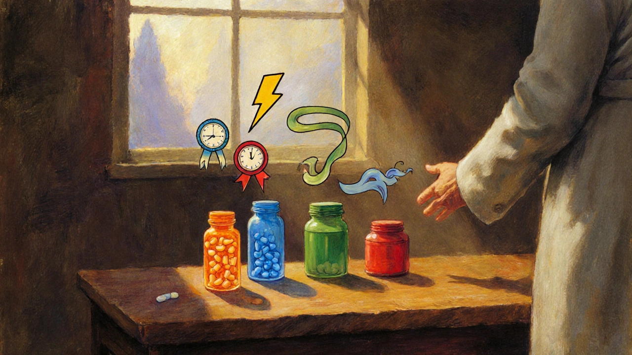Four different pill bottles on a table with a doctor gesturing, each with visual cues for speed and duration.