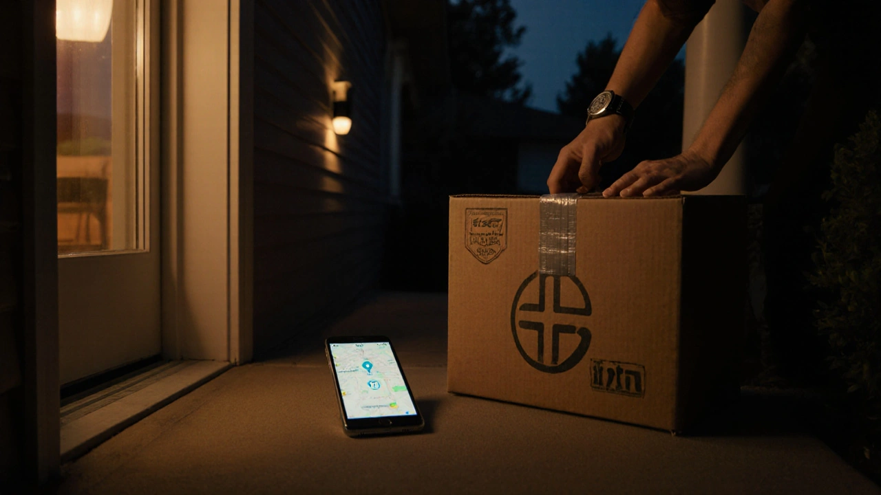 Hand reaching for a sealed medication box on a porch at dusk with a phone displaying tracking.