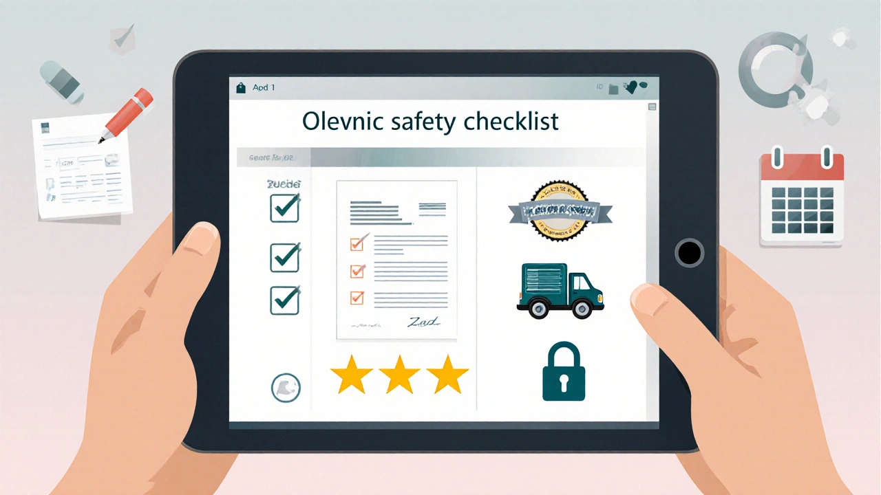 Hand reviewing a digital prescription and safety checklist on a tablet.