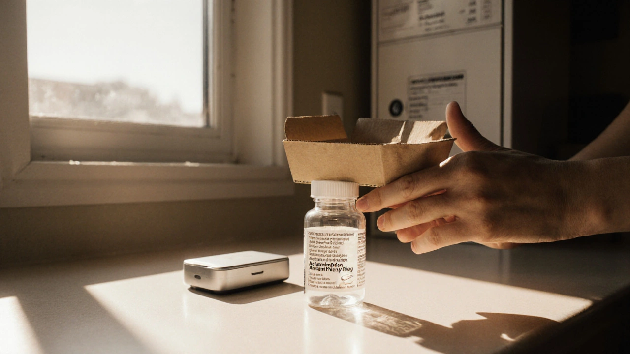 Hands opening a parcel showing a sealed bottle of acetaminophen on a sunny kitchen counter.