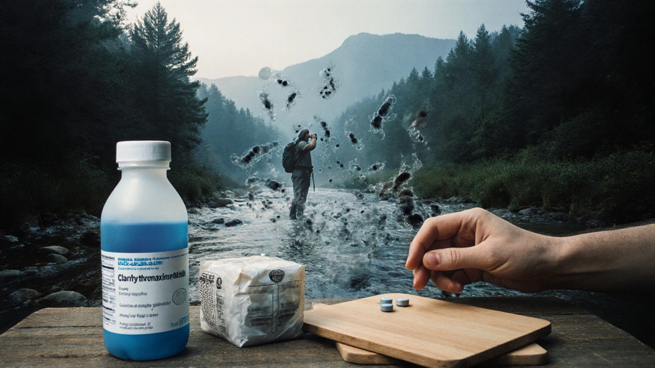 Hiker drinking from stream with invisible bacteria, clarithromycin nearby.