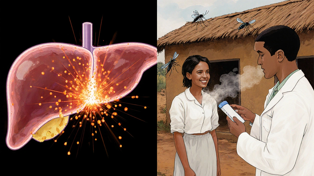 Illustration of primaquine destroying liver parasites and a health worker testing G6PD.
