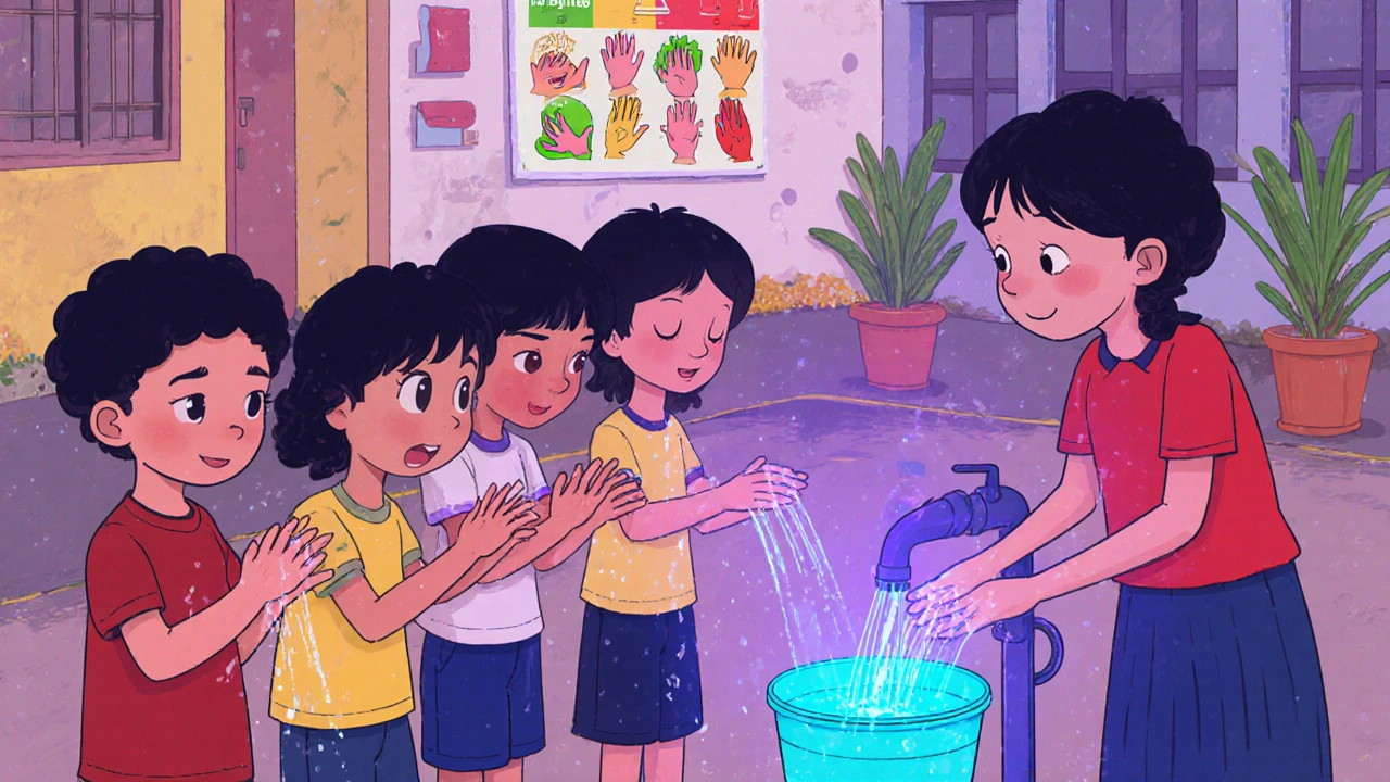 Kids washing hands at a tippy‑tap with UV gel, colorful hand‑washing poster overhead.
