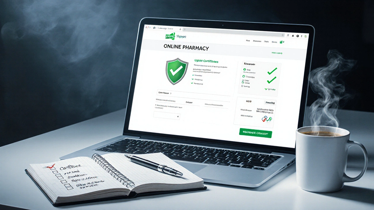 Laptop showing a pharmacy checkout page with checkmarks and a badge, beside a checklist notebook.