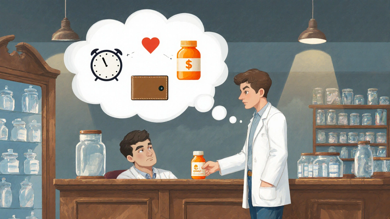 Man consulting a pharmacist, thought bubble showing a clock, wallet, and heart.