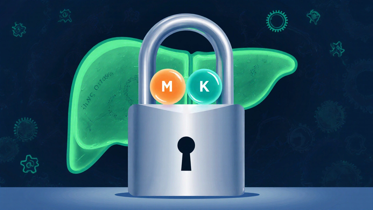 Molecule illustration showing monacolin K and lovastatin blocking the same enzyme site near a liver.