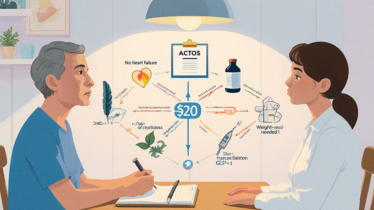 Patient and doctor reviewing a decision tree showing drug options and costs.