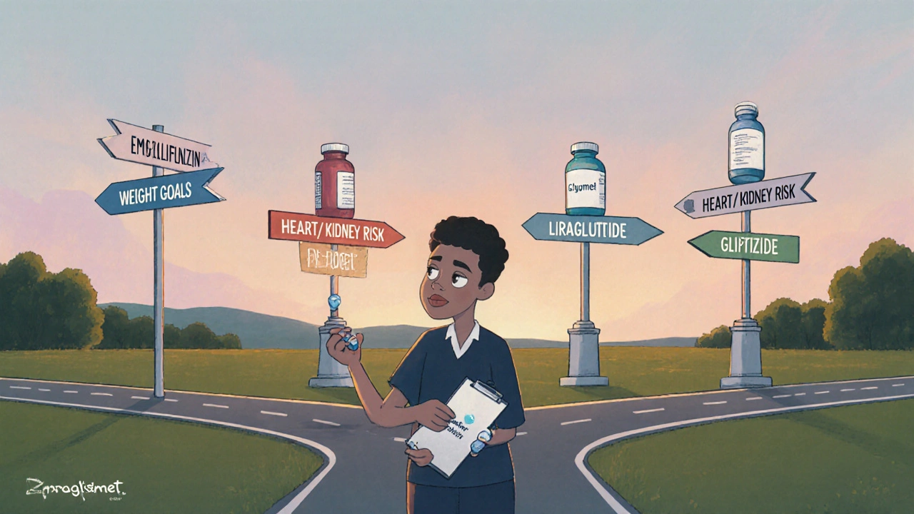 Patient at a crossroads choosing between different diabetes drugs.