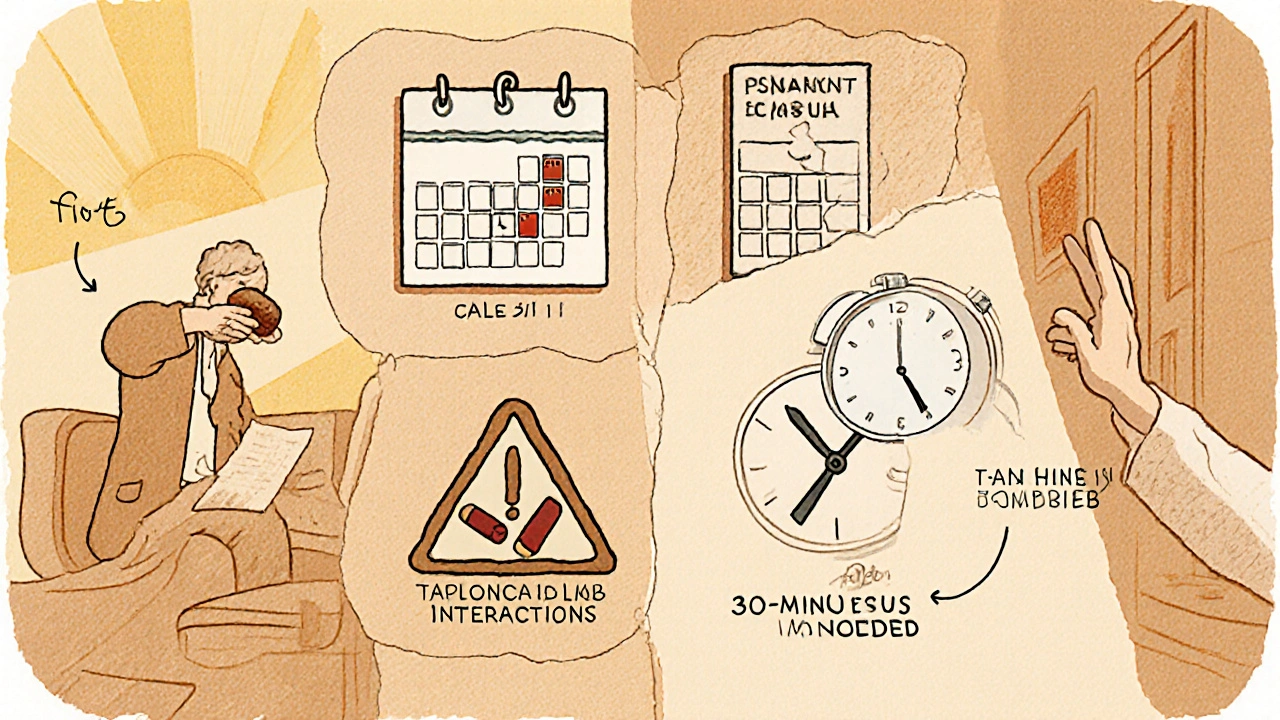 Patient following a checklist: taking supplement, lab calendar, pharmacist warning, timing, doctor advice.