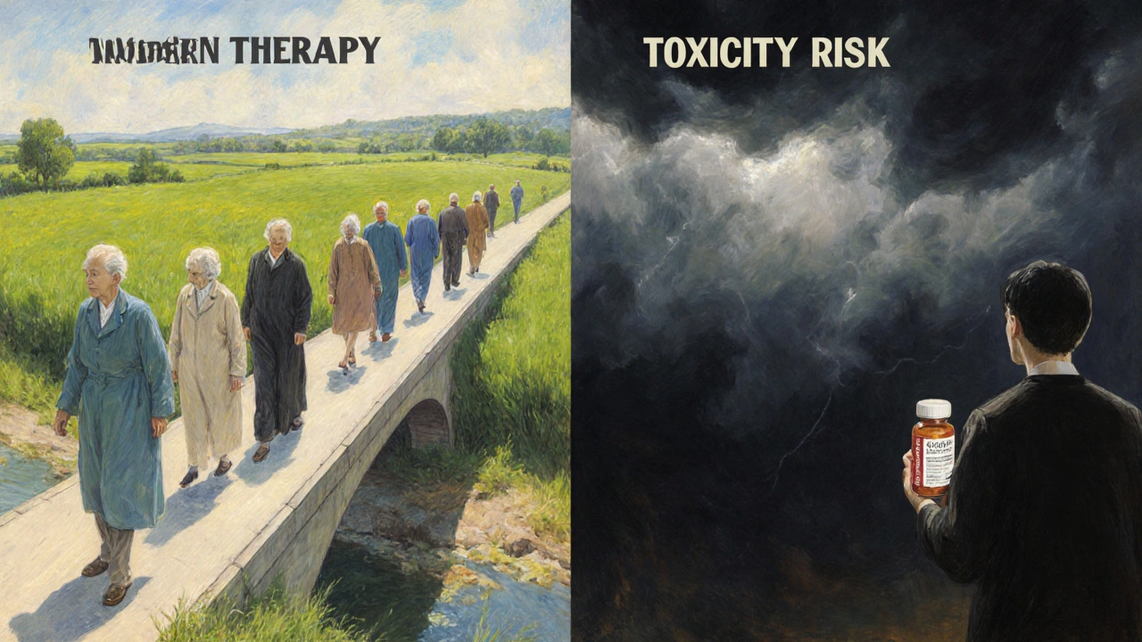 Patients on a symbolic bridge, one side bright with new meds, other side shadowed with digoxin warnings.