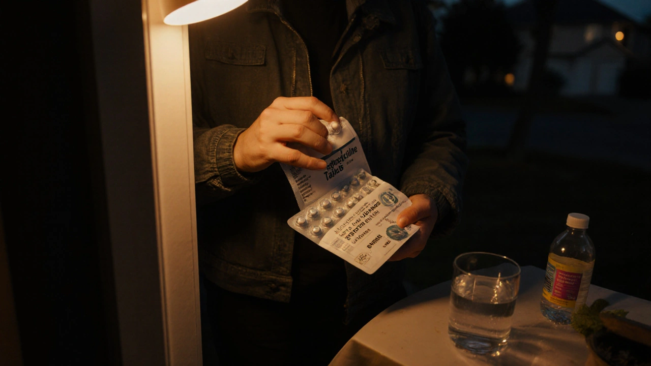 Person opening a parcel with tetracycline tablets, checking label beside sunscreen and water.