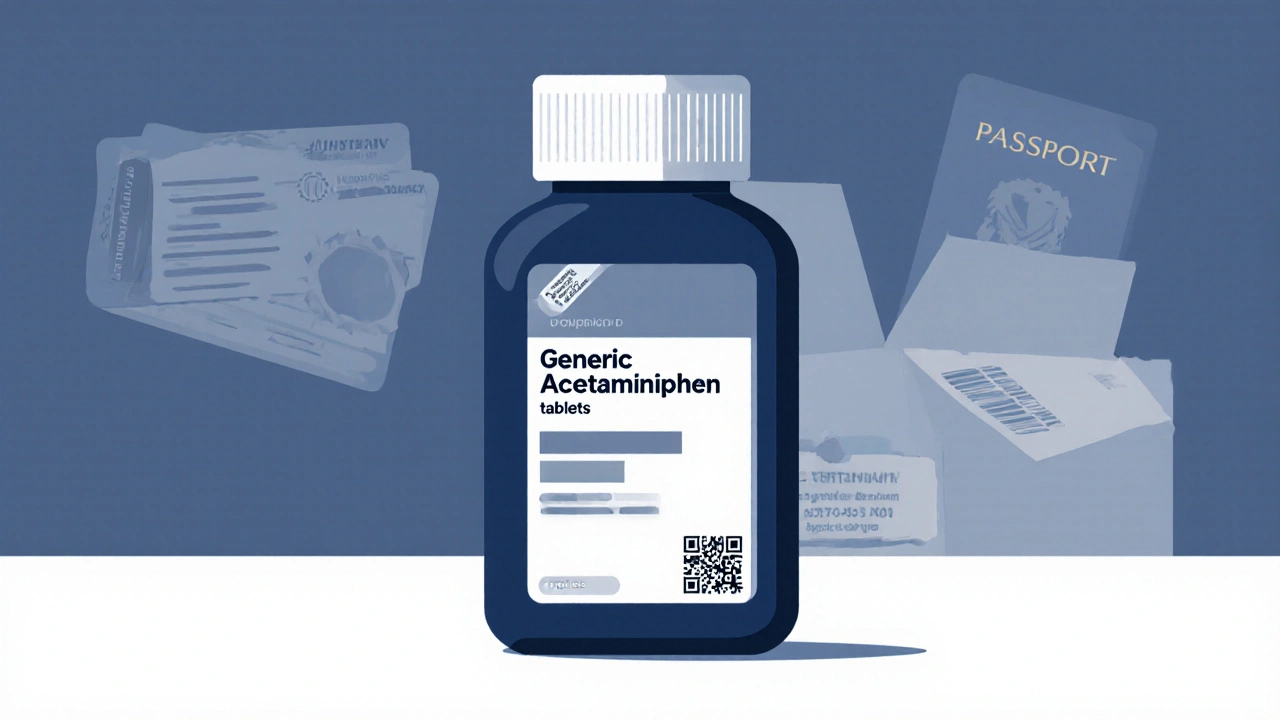 Sealed bottle of generic acetaminophen with certification seal and QR code on a white surface.