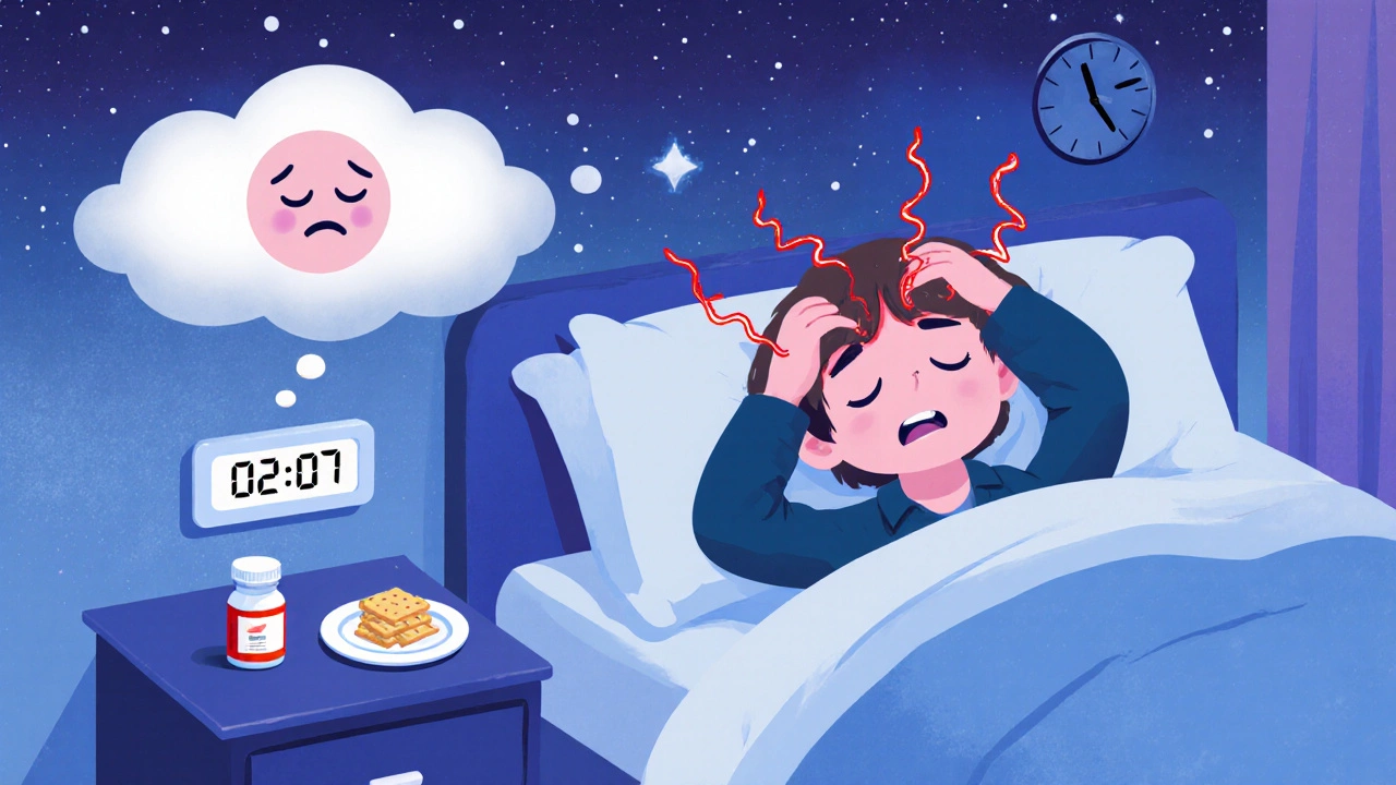 Sleeper at 2 am holding head, aspirin tablet nearby, dream cloud shows relief.