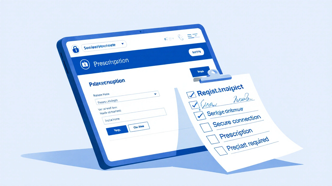 Tablet screen showing a secure pharmacy checkout with prescription upload field and checklist items.