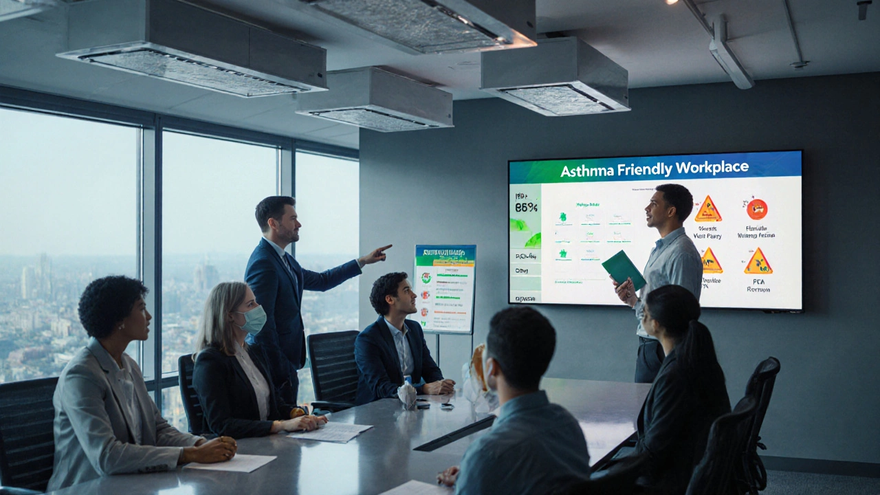 Team in a modern conference room reviewing air‑quality data, HEPA filters, and PPE for asthma safety.