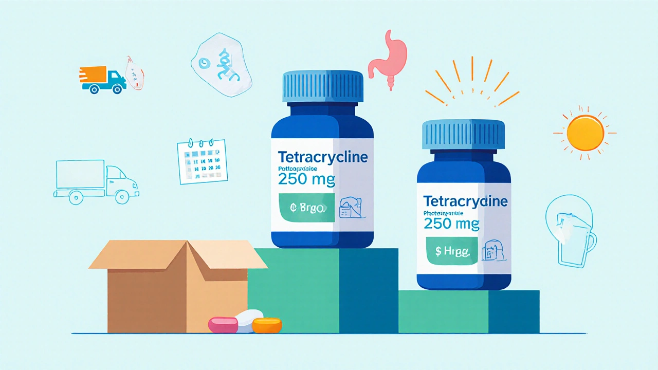 Three tetracycline pill bottles with shipping boxes and icons for price, delivery, and side effects.