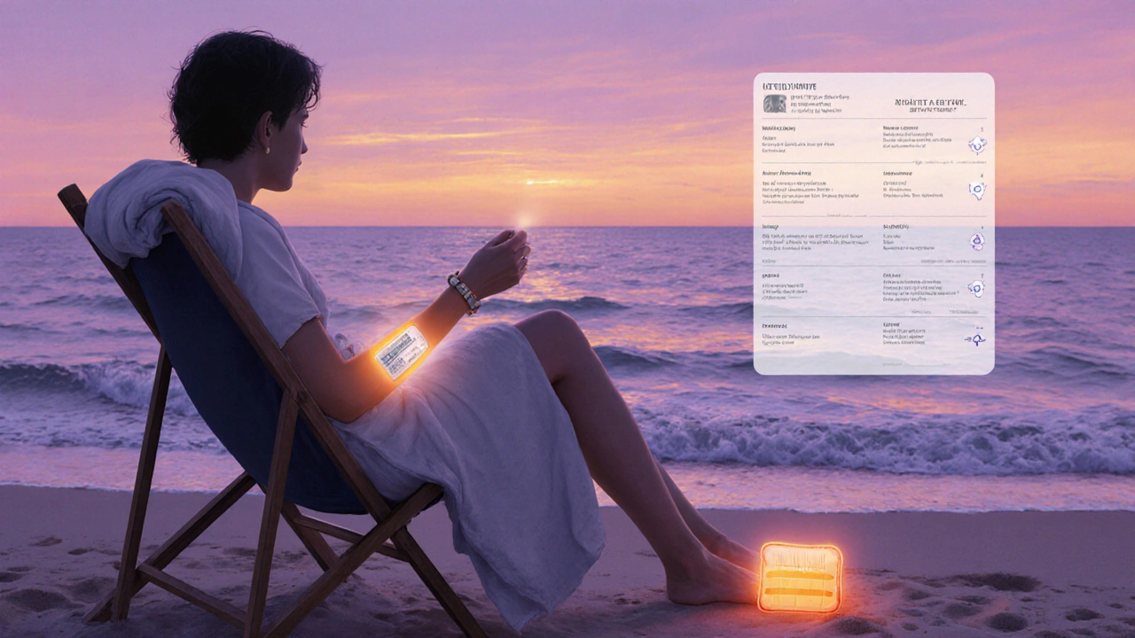 Traveler relaxing on a beach chair at sunset with heat pack and medical ID bracelet.