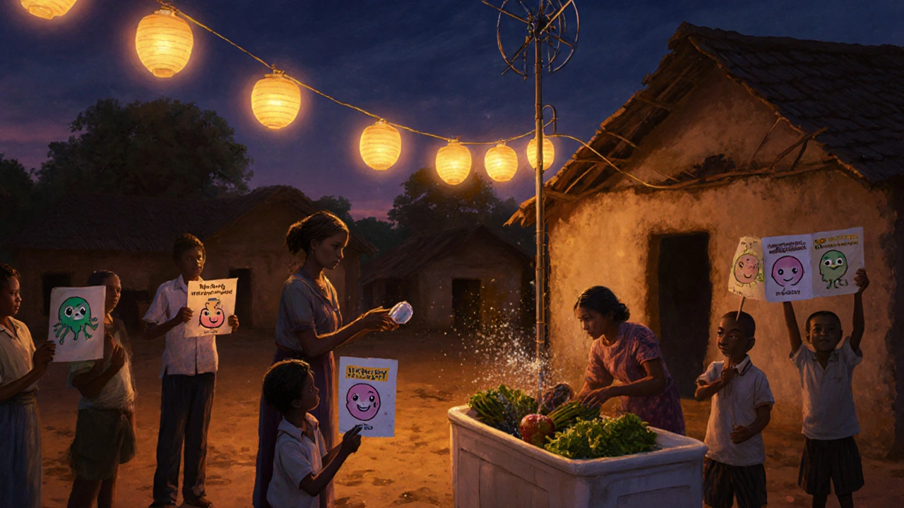 Village gathering with radio, mother washing vegetables, teacher handing flyers, lanterns.