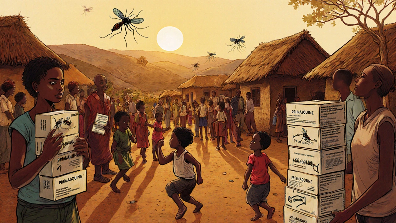 Village scene with volunteers handing out primaquine tablets and fewer mosquitoes.