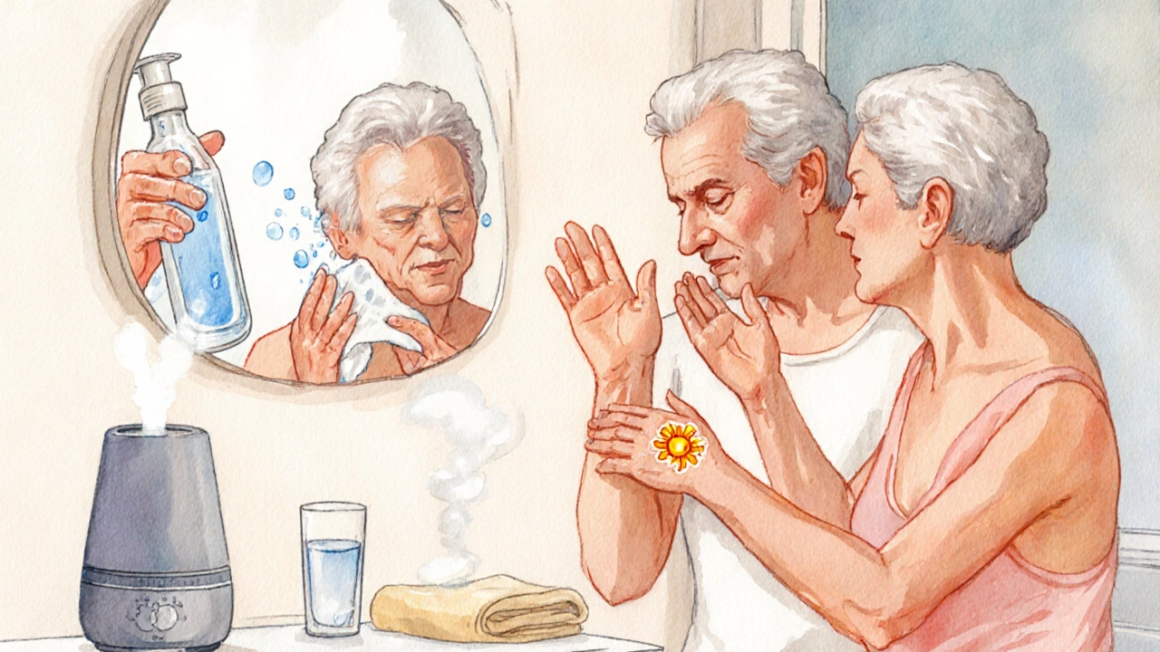 Watercolor of seniors applying cleanser, cream, and sunscreen.