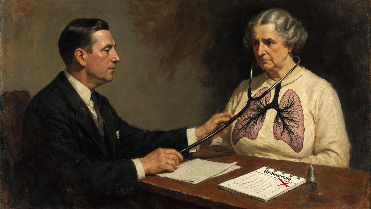 A doctor examining a patient whose lungs are visibly scarred like parchment on her chest.