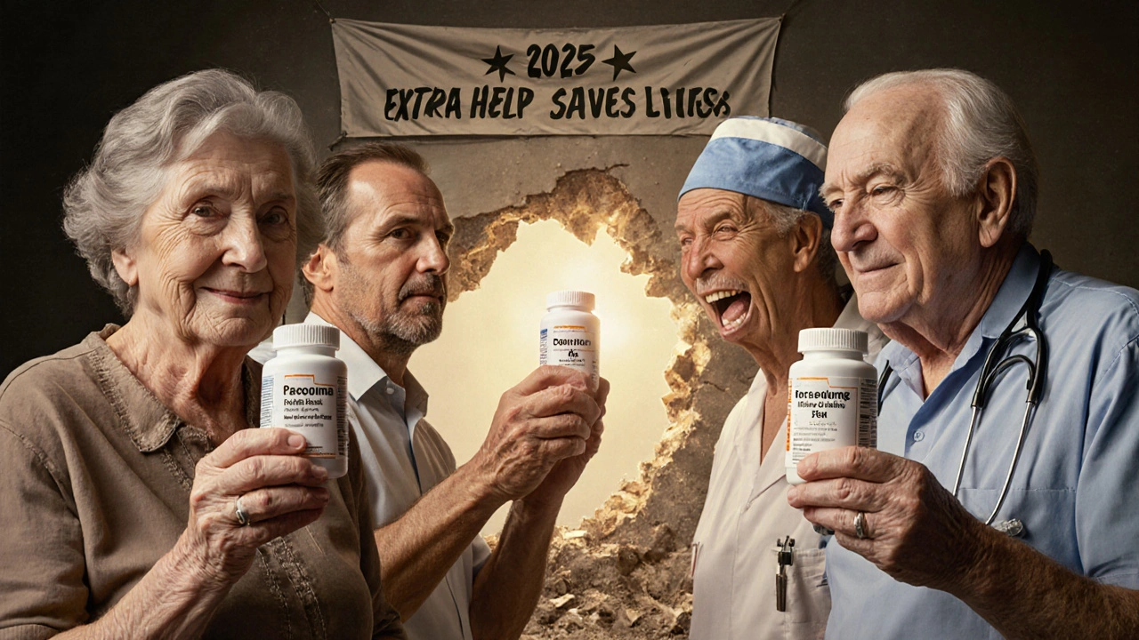 A group of seniors connected by golden light, each holding a low-cost prescription bottle under a collapsing donut hole banner.