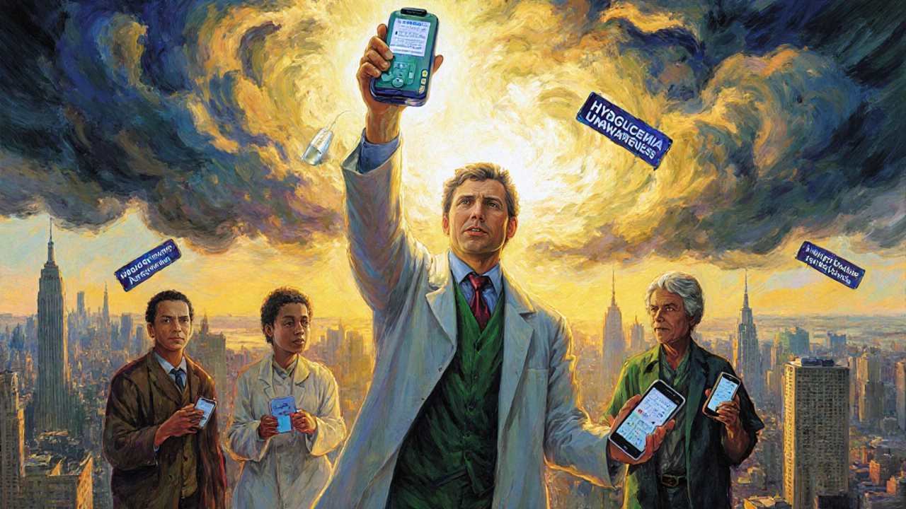 A hero holding a smart insulin pump as it dispels dark storm clouds of hypoglycemia, diverse patients in background.