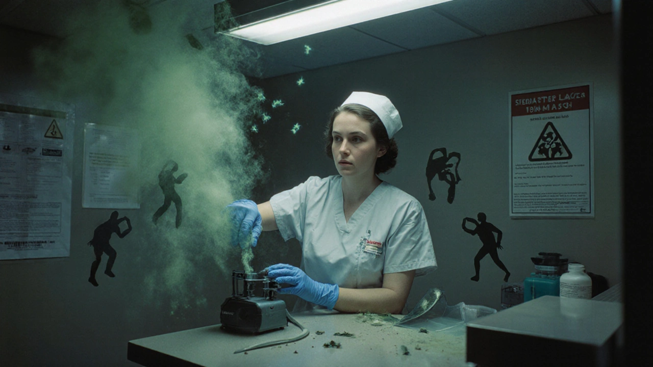 A nurse handles chemotherapy with protective gear, but toxic mist rises from contaminated surfaces around her.