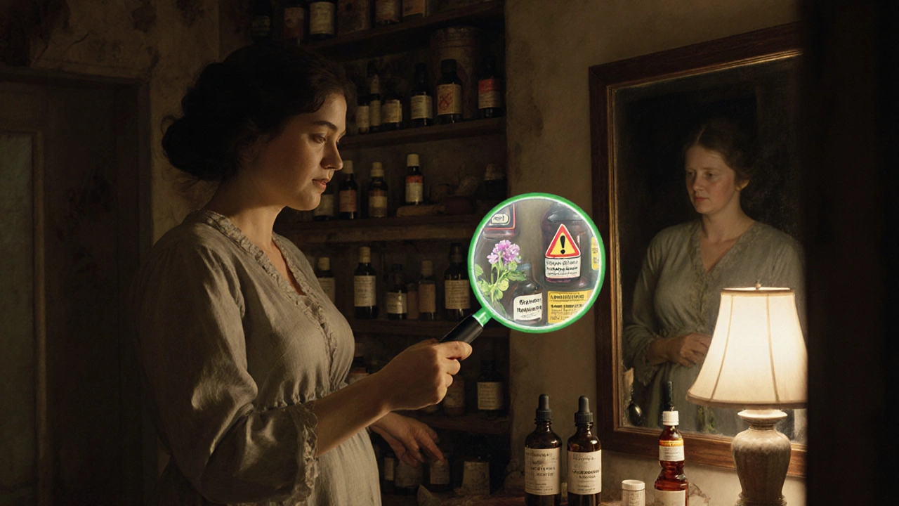 A pregnant woman stares at unlabeled herbal bottles, a magnifying glass revealing hidden dangers.