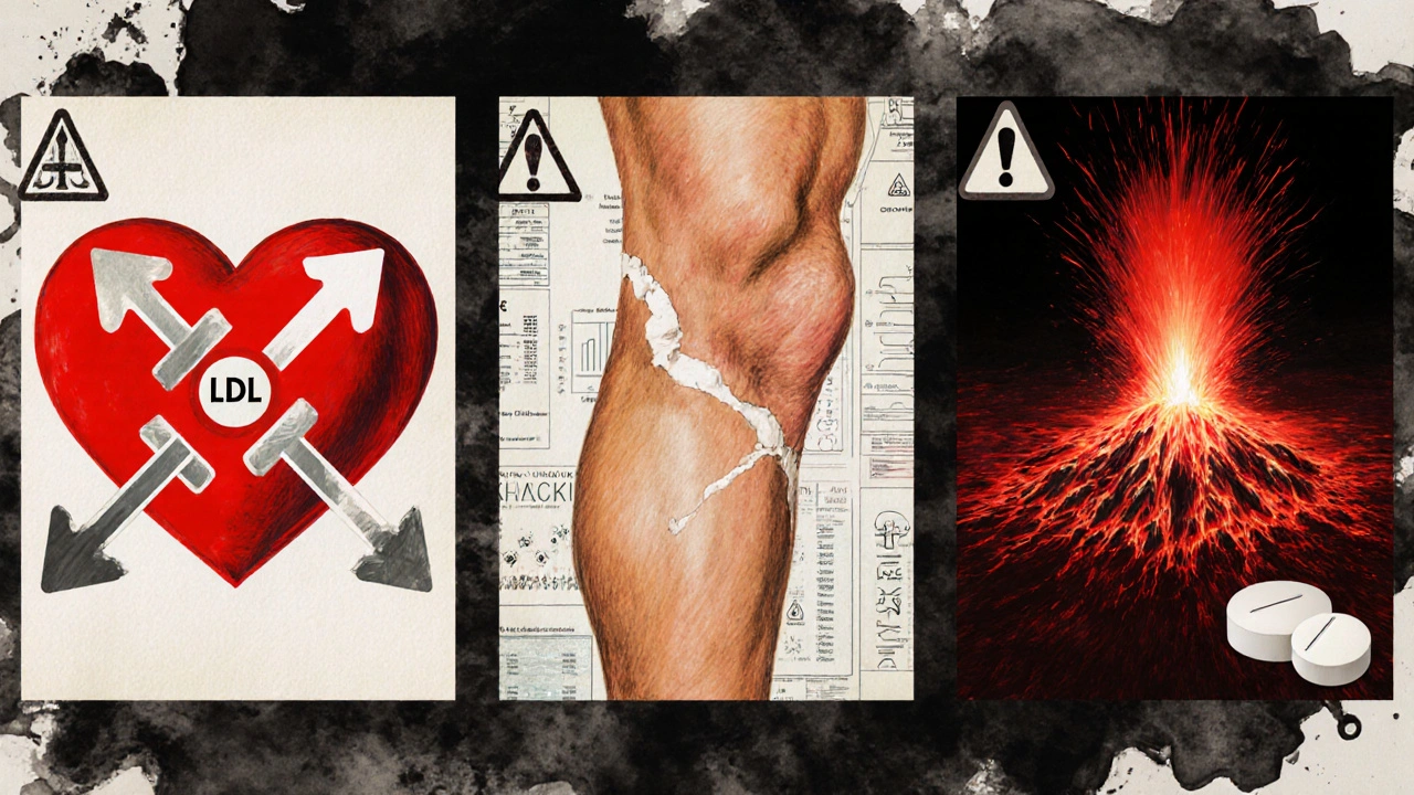 A symbolic medical illustration showing cholesterol reduction, tendon rupture, and gout flare in one dramatic scene.