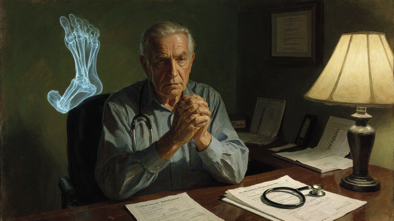An elderly man clutching his tendon in a doctor&#039;s office, with a ghostly snapped tendon visible behind him.