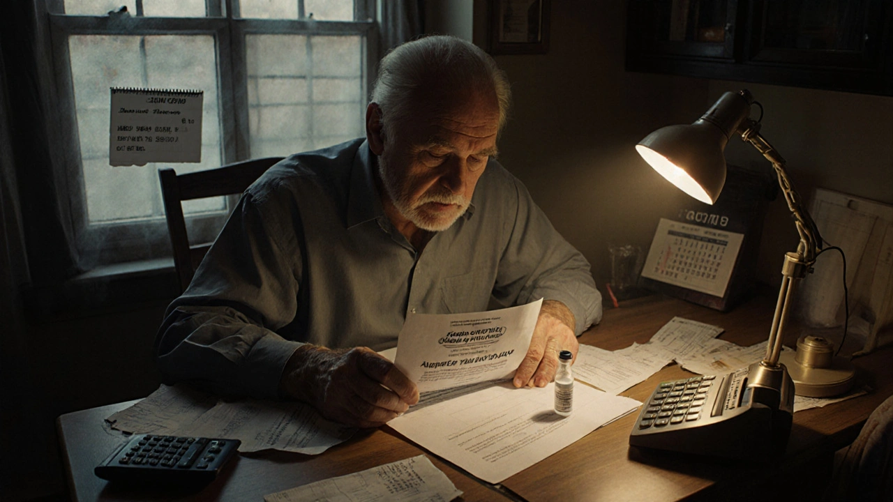 An elderly man reviewing a Social Security letter about annual Extra Help renewal at his kitchen table.